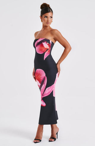 Allegra Midi Dress - Black Floral Print - glavon