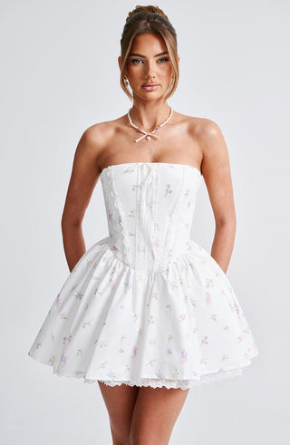 Evie Mini Dress - White Multi Floral Print - glavon