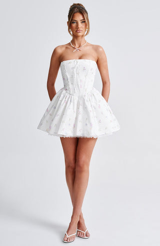 Evie Mini Dress - White Multi Floral Print - glavon