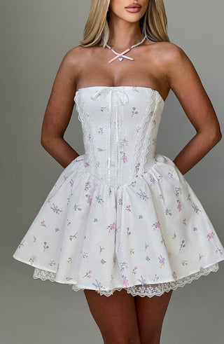 Evie Mini Dress - White Multi Floral Print - glavon