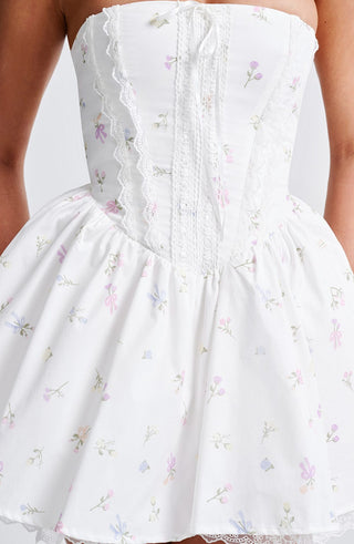 Evie Mini Dress - White Multi Floral Print - glavon