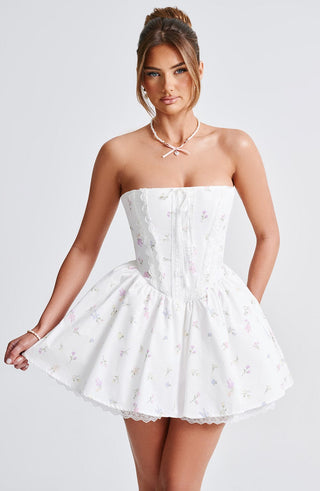 Evie Mini Dress - White Multi Floral Print - glavon