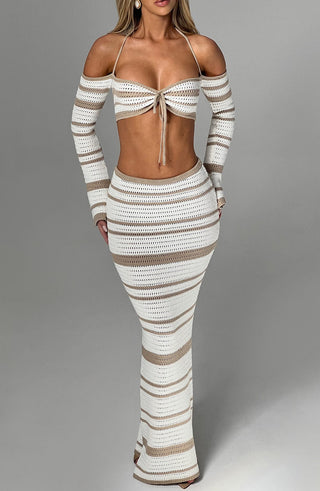 Georgia Maxi Skirt - Beige/White - glavon