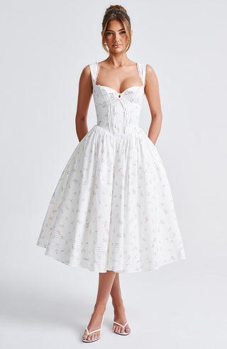 Marlena Midi Dress - White Multi Floral Print - glavon