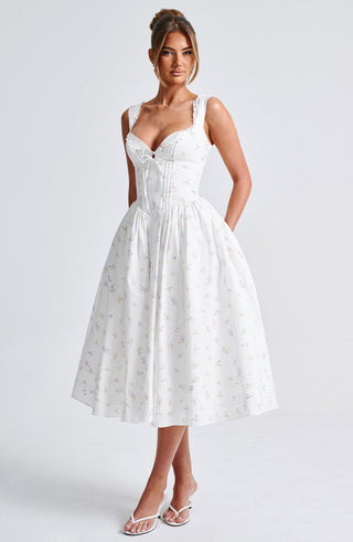 Marlena Midi Dress - White Multi Floral Print - glavon