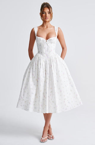 Marlena Midi Dress - White Multi Floral Print - glavon